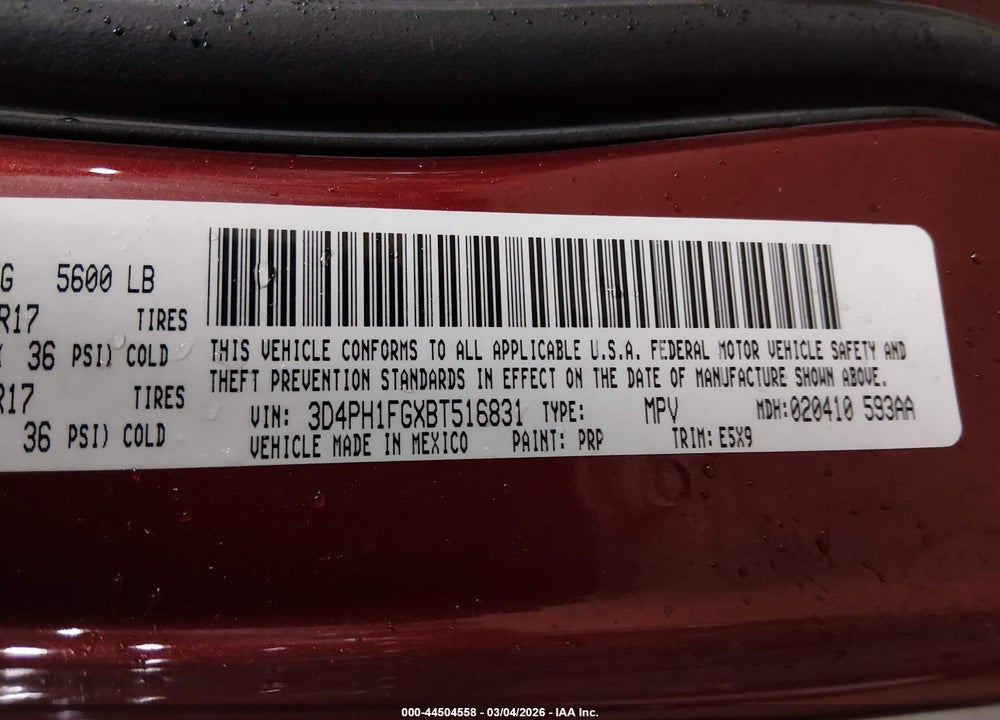2011 DODGE JOURNEY MAINSTREET VIN: 3D4PH1FGXBT516831