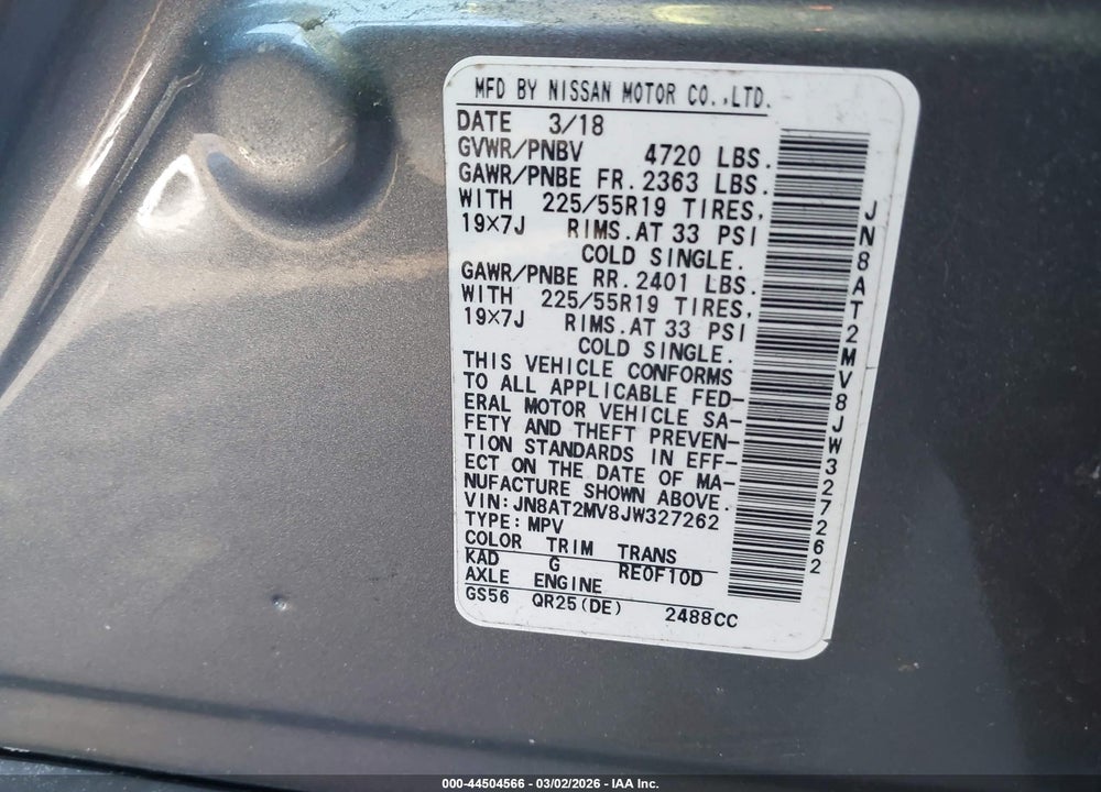2018 NISSAN ROGUE SL VIN: JN8AT2MV8JW327262