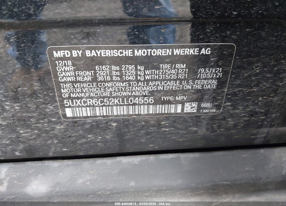 2019 BMW X5 XDRIVE40I VIN: 5UXCR6C52KLL04556