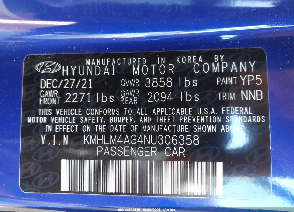 2022 HYUNDAI ELANTRA SEL VIN: KMHLM4AG4NU306358