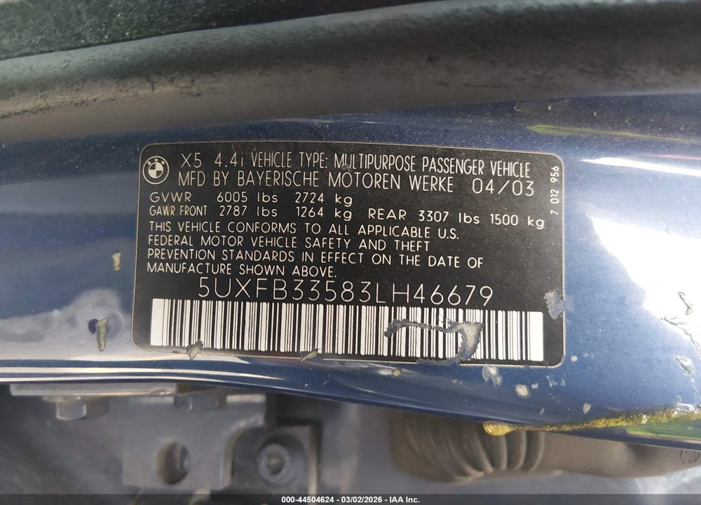 2003 BMW X5 4.4I VIN: 5UXFB33583LH46679