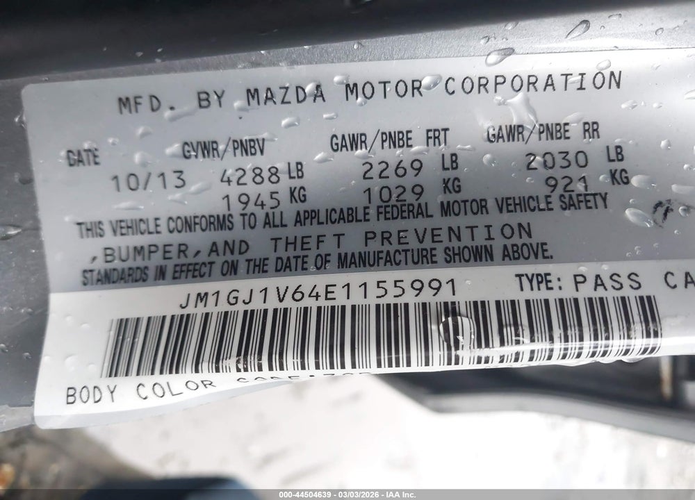 2014 MAZDA 6 I TOURING VIN: JM1GJ1V64E1155991