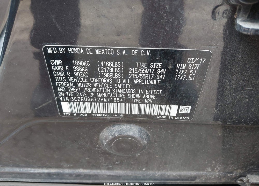 2017 HONDA HR-V EX-L VIN: 3CZRU6H72HM718541