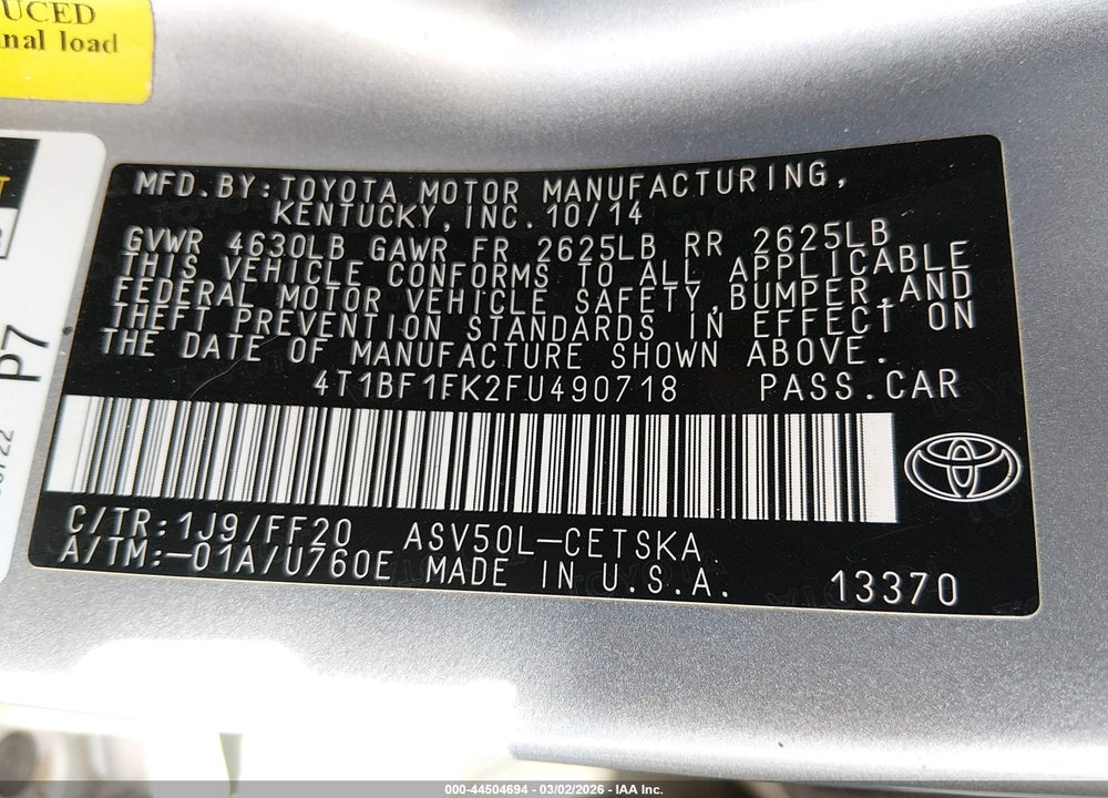 2015 TOYOTA CAMRY SE VIN: 4T1BF1FK2FU490718