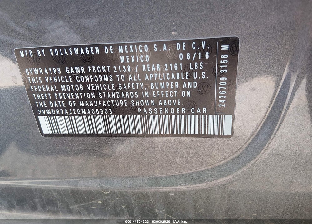 2016 VOLKSWAGEN JETTA 1.4T SE VIN: 3VWD67AJ2GM406303
