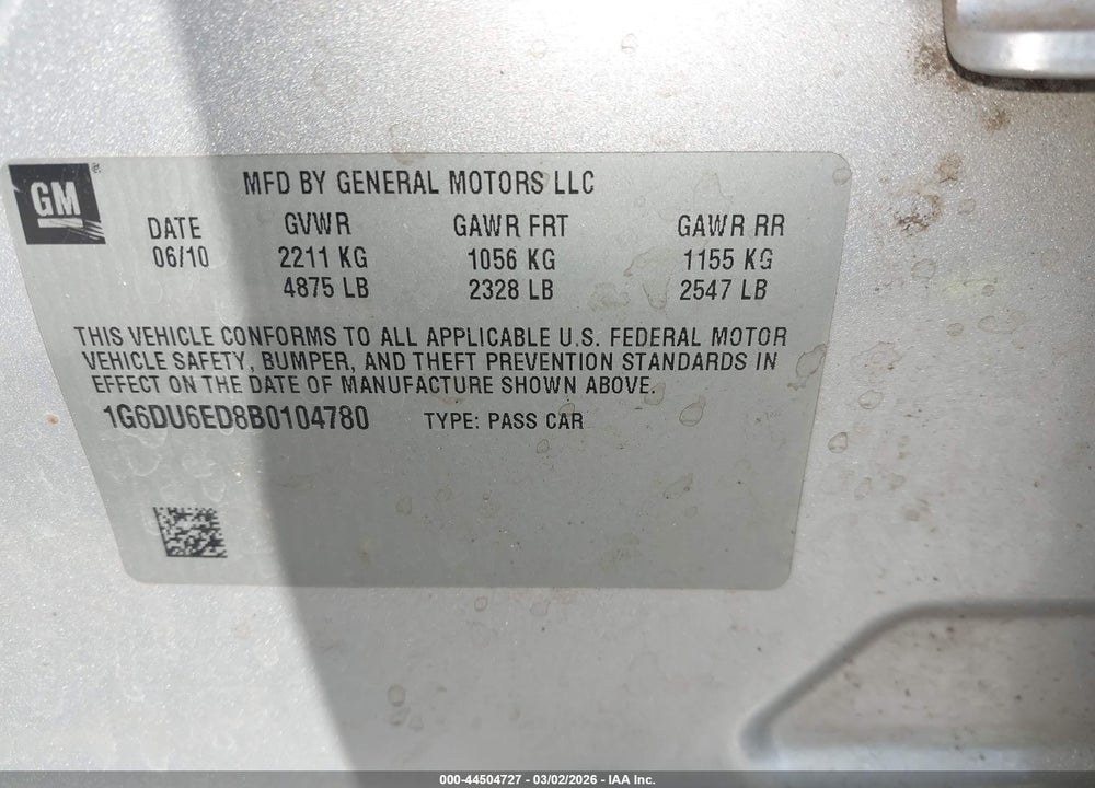 2011 CADILLAC STS LUXURY SPORT VIN: 1G6DU6ED8B0104780