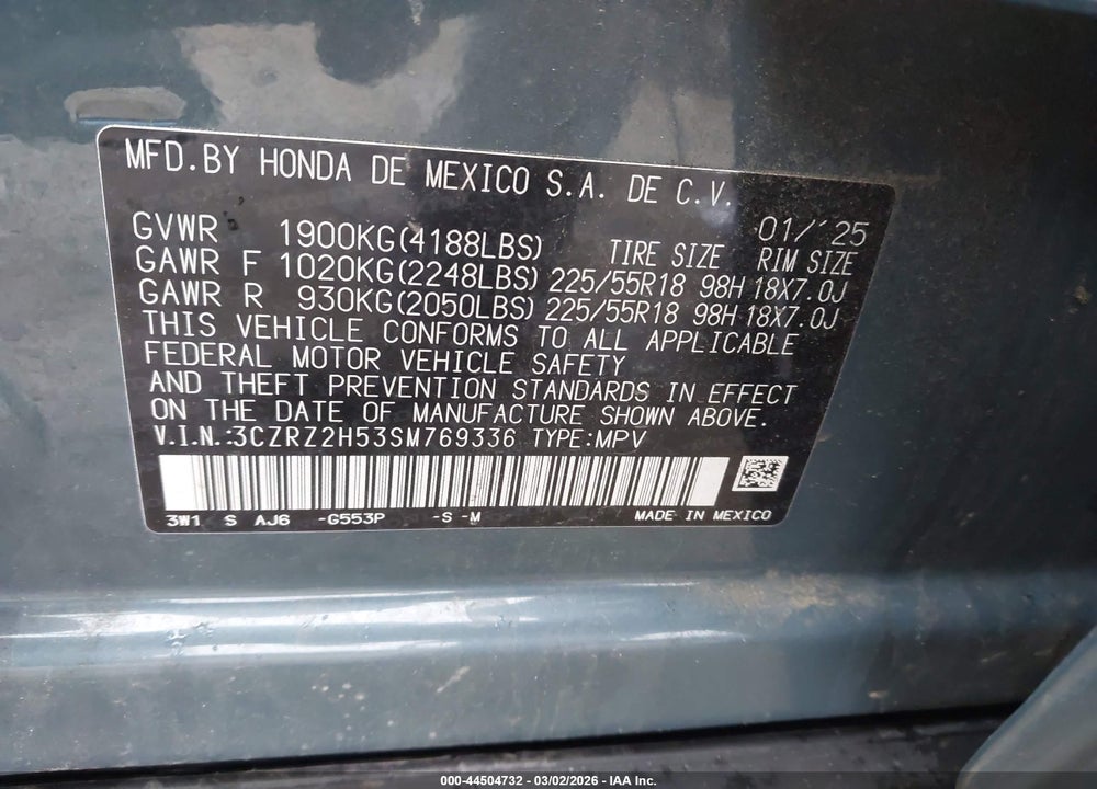 2025 HONDA HR-V AWD SPORT VIN: 3CZRZ2H53SM769336