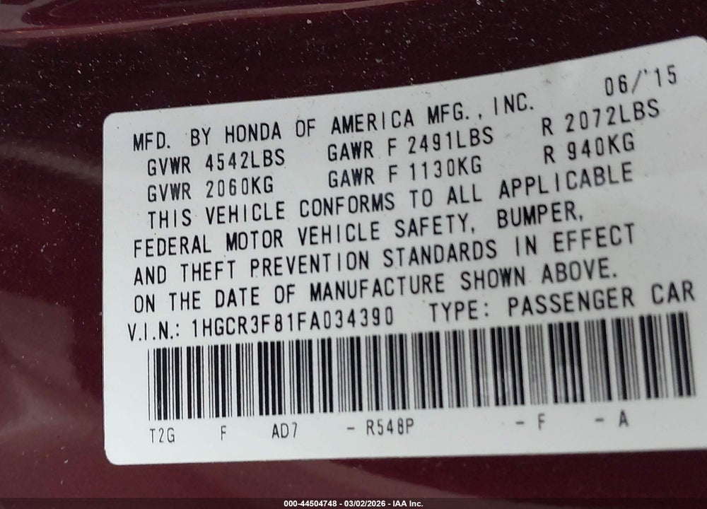 2015 HONDA ACCORD EX-L V-6 VIN: 1HGCR3F81FA034390