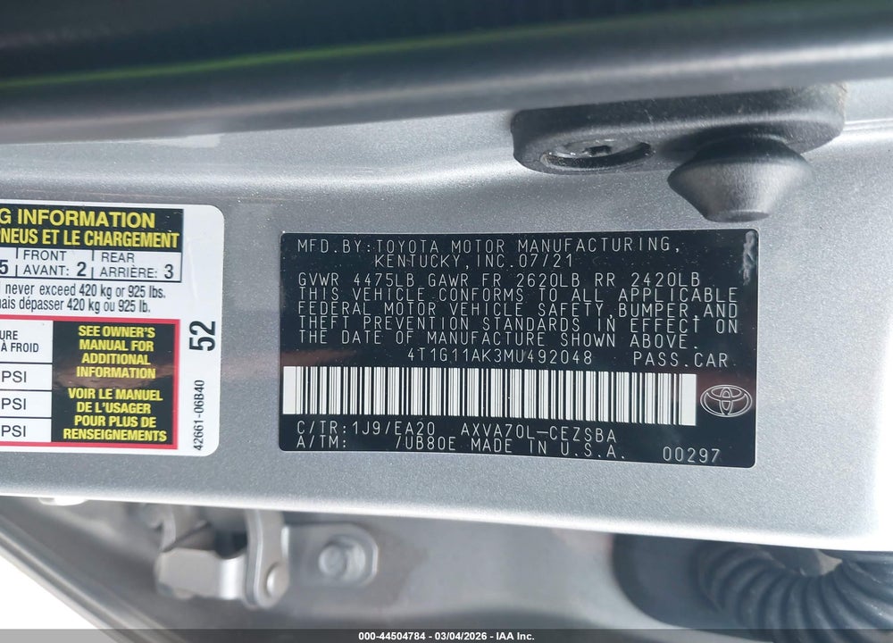 2021 TOYOTA CAMRY SE VIN: 4T1G11AK3MU492048
