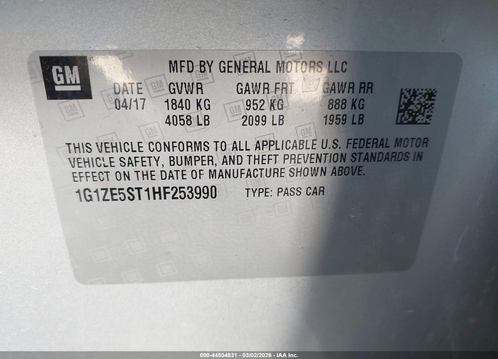 2017 CHEVROLET MALIBU 1LT VIN: 1G1ZE5ST1HF253990
