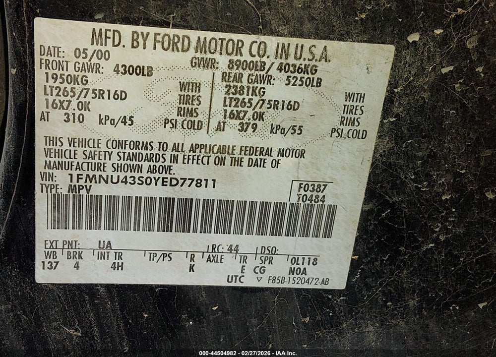 2000 FORD EXCURSION LIMITED VIN: 1FMNU43S0YED77811