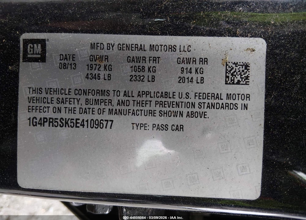 2014 BUICK VERANO CONVENIENCE GROUP VIN: 1G4PR5SK5E4109677
