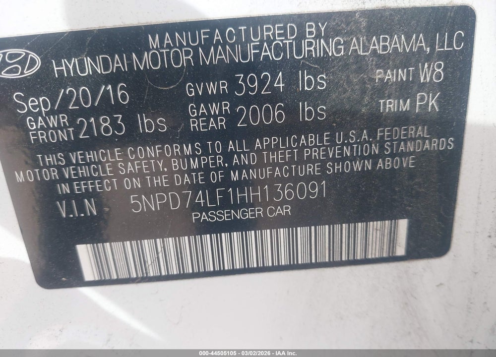 2017 HYUNDAI ELANTRA SE VIN: 5NPD74LF1HH136091