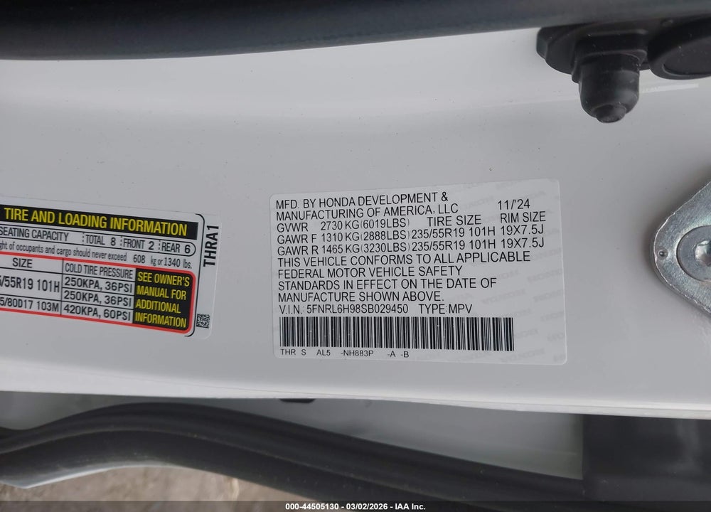 2025 HONDA ODYSSEY ELITE VIN: 5FNRL6H98SB029450