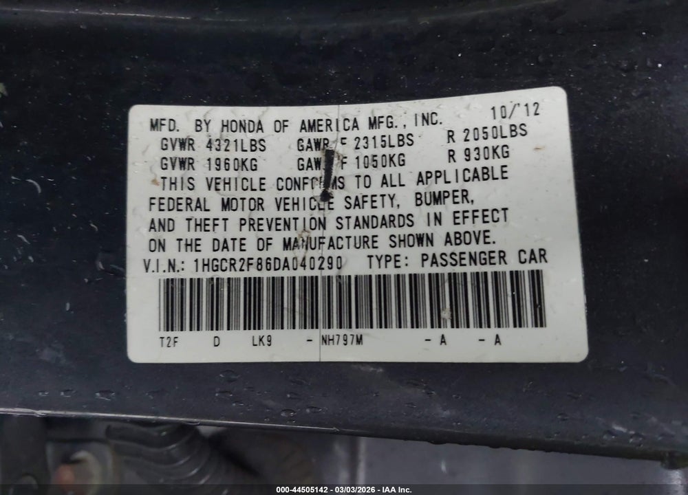 2013 HONDA ACCORD EX-L VIN: 1HGCR2F86DA040290