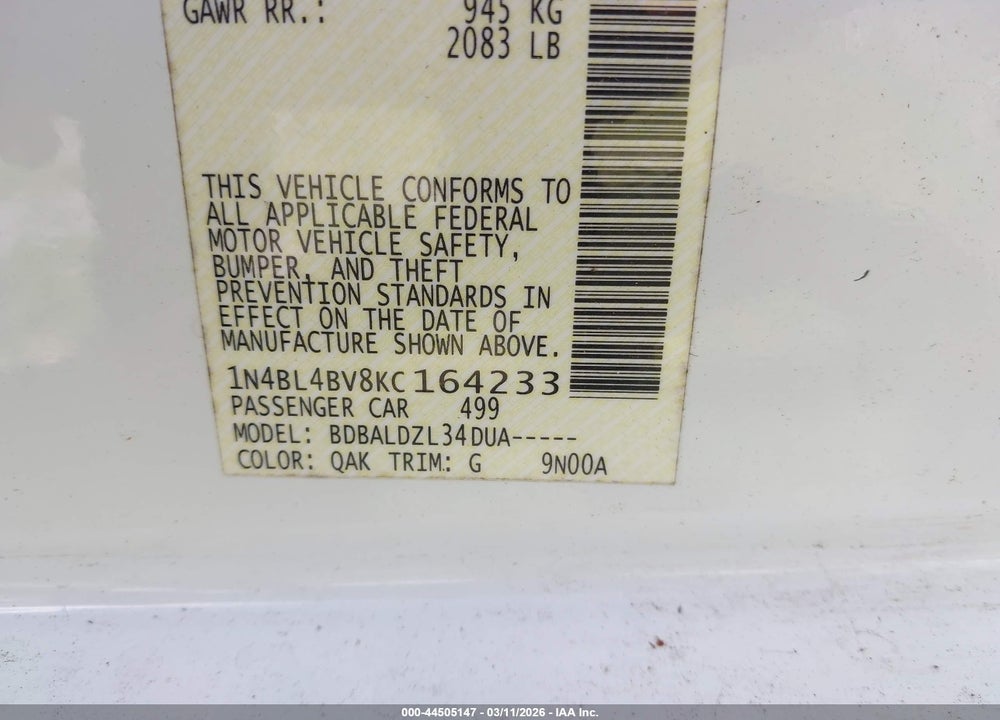 2019 NISSAN ALTIMA 2.5 S VIN: 1N4BL4BV8KC164233