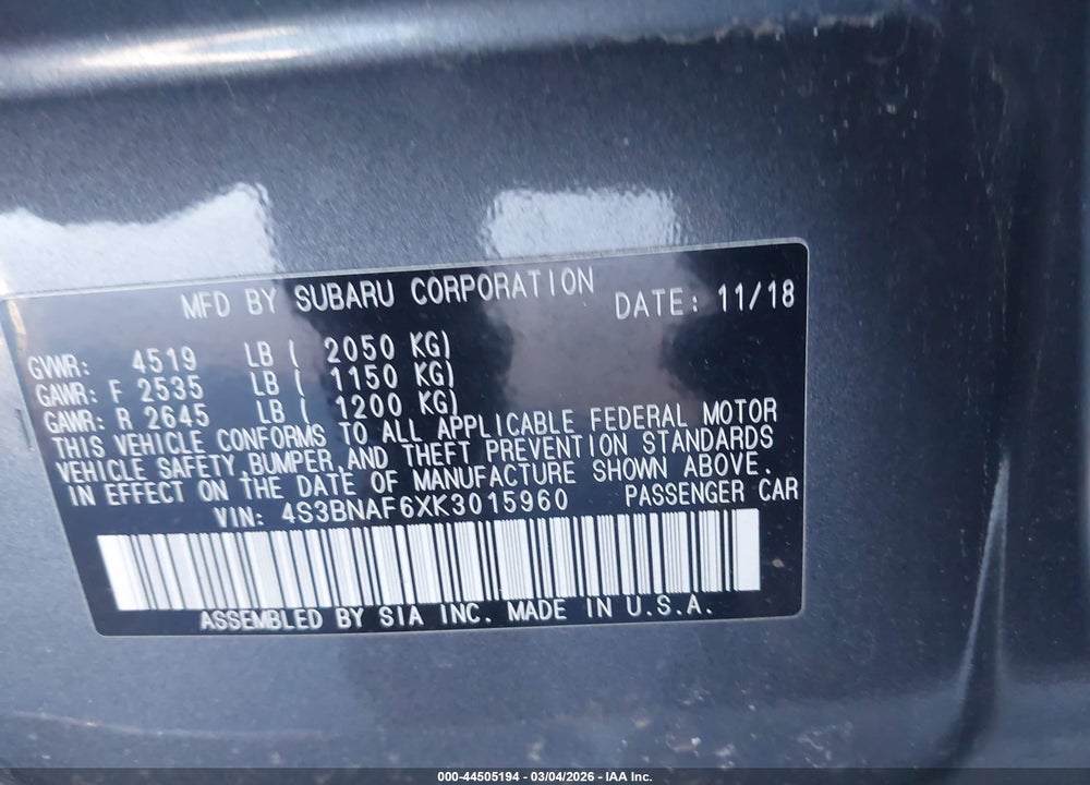 2019 SUBARU LEGACY 2.5I PREMIUM VIN: 4S3BNAF6XK3015960