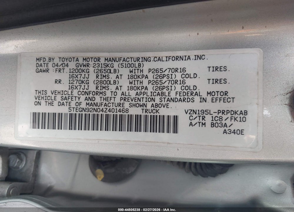 2004 TOYOTA TACOMA PRERUNNER V6 VIN: 5TEGN92N04Z401468
