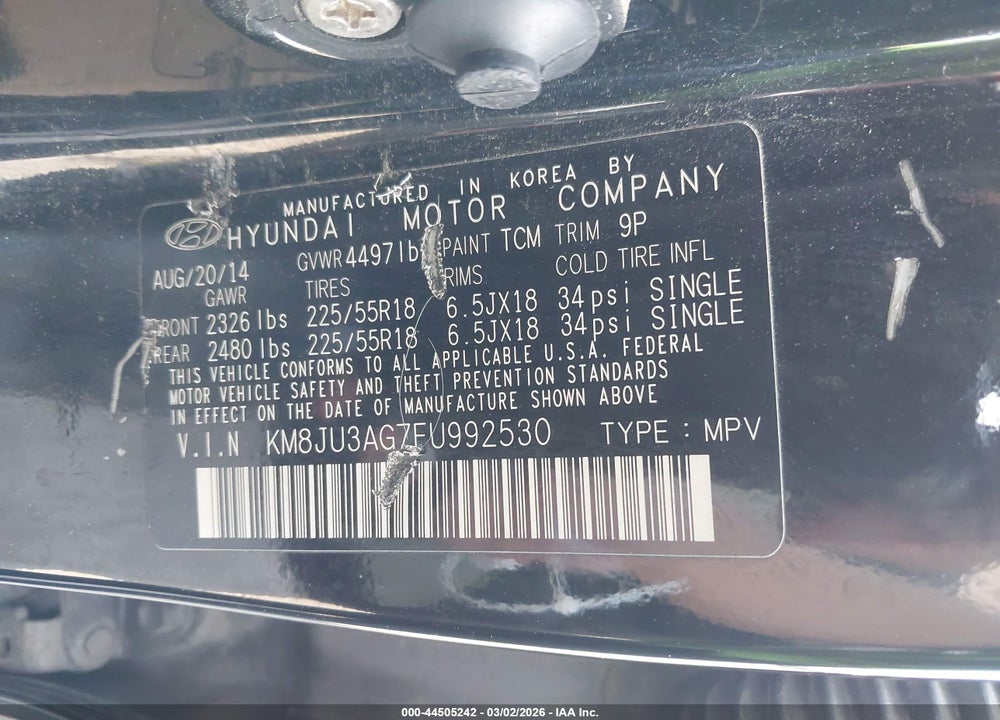 2015 HYUNDAI TUCSON LIMITED VIN: KM8JU3AG7FU992530