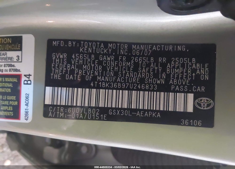 2007 TOYOTA AVALON LIMITED VIN: 4T1BK36B97U246833