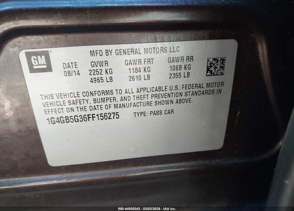 2015 BUICK LACROSSE LEATHER VIN: 1G4GB5G36FF156275