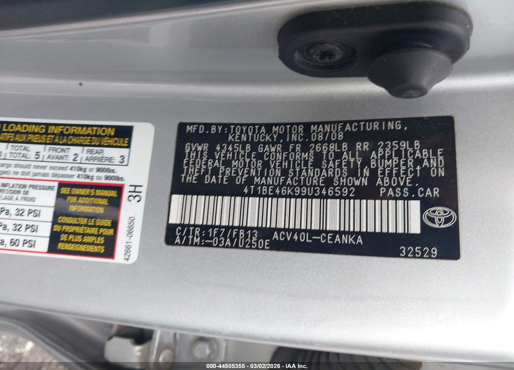 2009 TOYOTA CAMRY VIN: 4T1BE46K99U346592