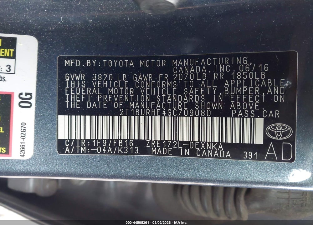 2016 TOYOTA COROLLA LE VIN: 2T1BURHE4GC709080