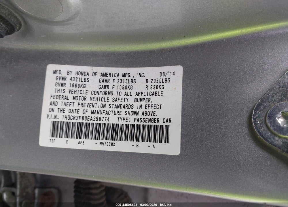 2014 HONDA ACCORD EX-L VIN: 1HGCR2F80EA298774