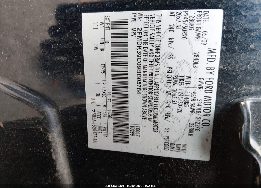 2009 FORD EDGE LIMITED VIN: 2FMDK39C09BB05784