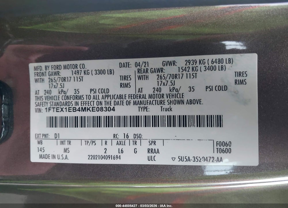 2021 FORD F-150 XLT VIN: 1FTEX1EB4MKE08304