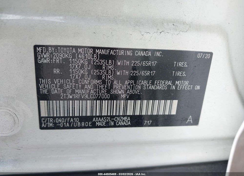 2020 TOYOTA RAV4 XLE VIN: 2T3W1RFV9LC077000