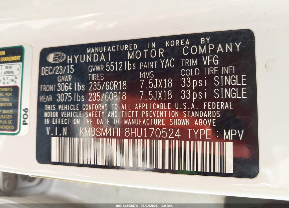 2017 HYUNDAI SANTA FE SE VIN: KM8SM4HF8HU170524