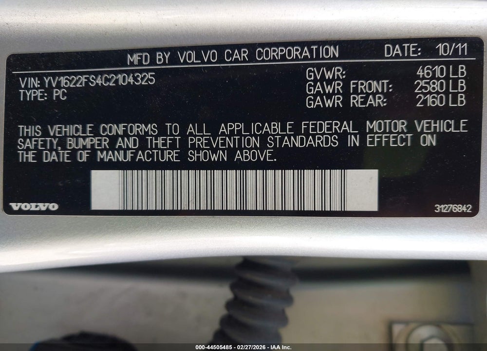 2012 VOLVO S60 T5 VIN: YV1622FS4C2104325