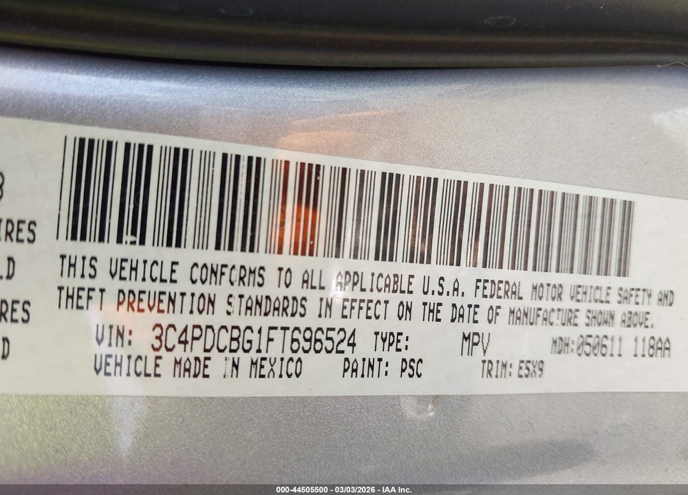 2015 DODGE JOURNEY SXT VIN: 3C4PDCBG1FT696524