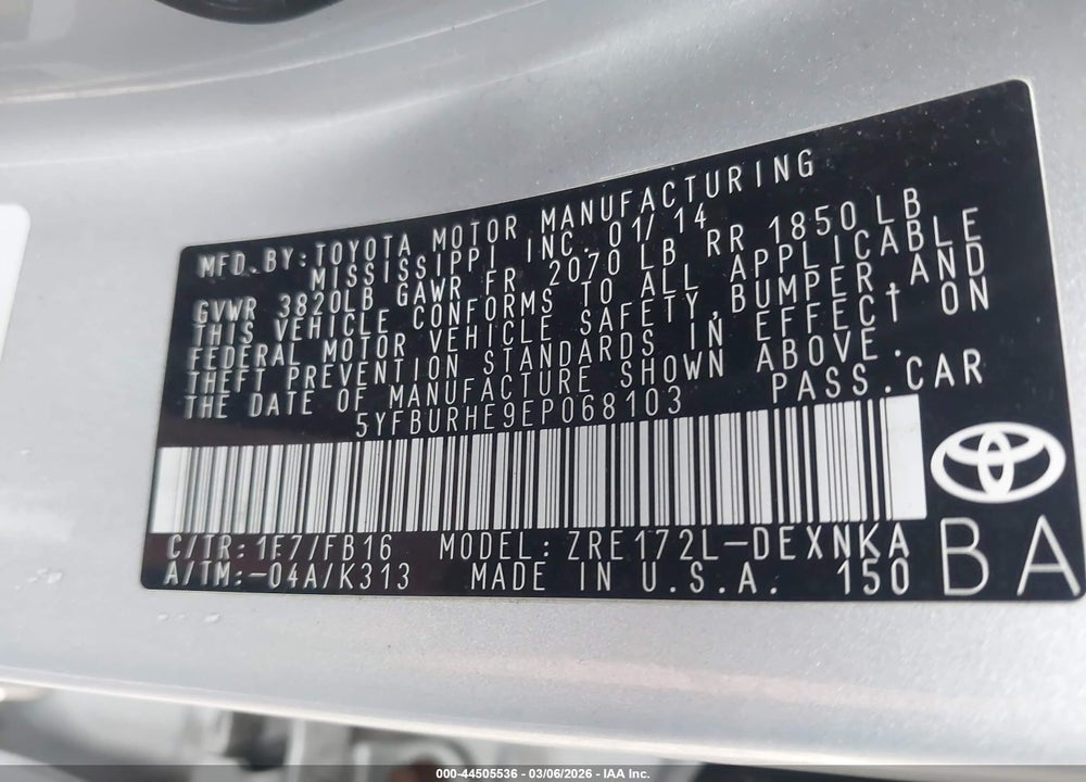 2014 TOYOTA COROLLA LE VIN: 5YFBURHE9EP068103