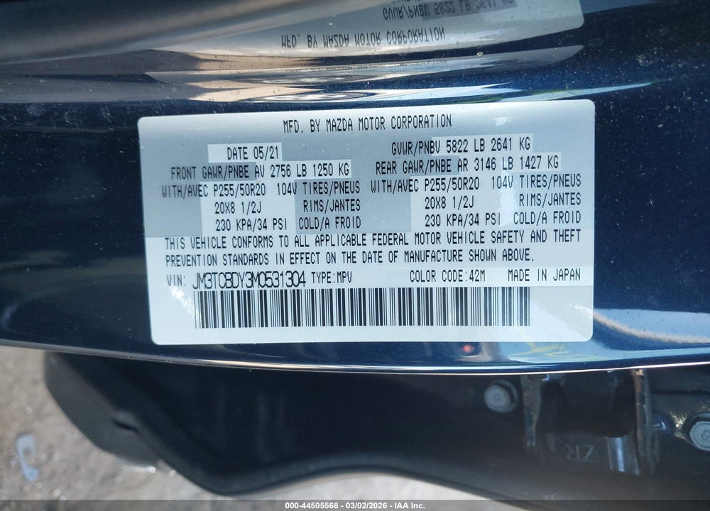 2021 MAZDA CX-9 GRAND TOURING VIN: JM3TCBDY3M0531304