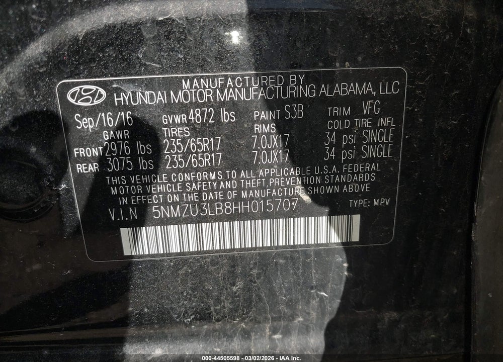 2017 HYUNDAI SANTA FE SPORT 2.4L VIN: 5NMZU3LB8HH015707