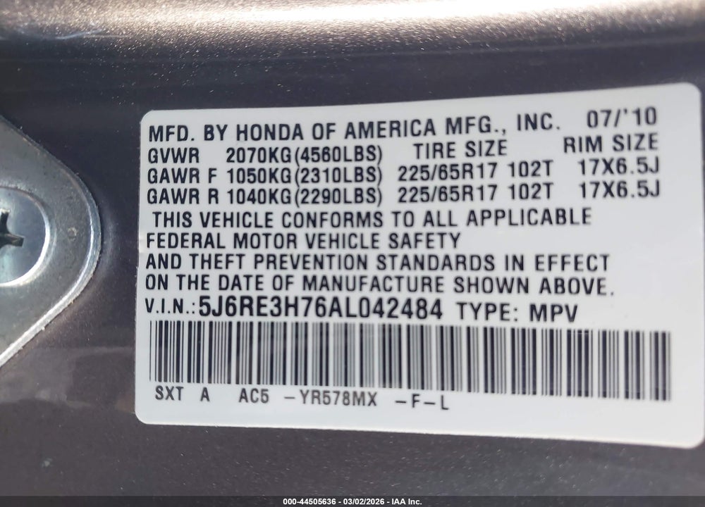 2010 HONDA CR-V EX-L VIN: 5J6RE3H76AL042484