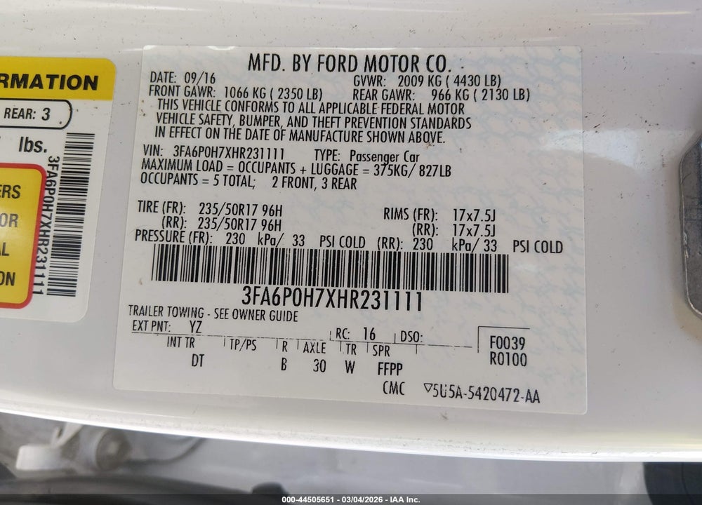 2017 FORD FUSION SE VIN: 3FA6P0H7XHR231111