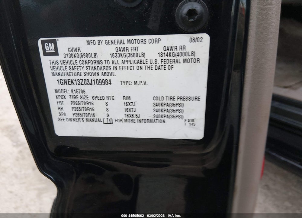 2003 CHEVROLET TAHOE LS VIN: 1GNEK13Z03J109984