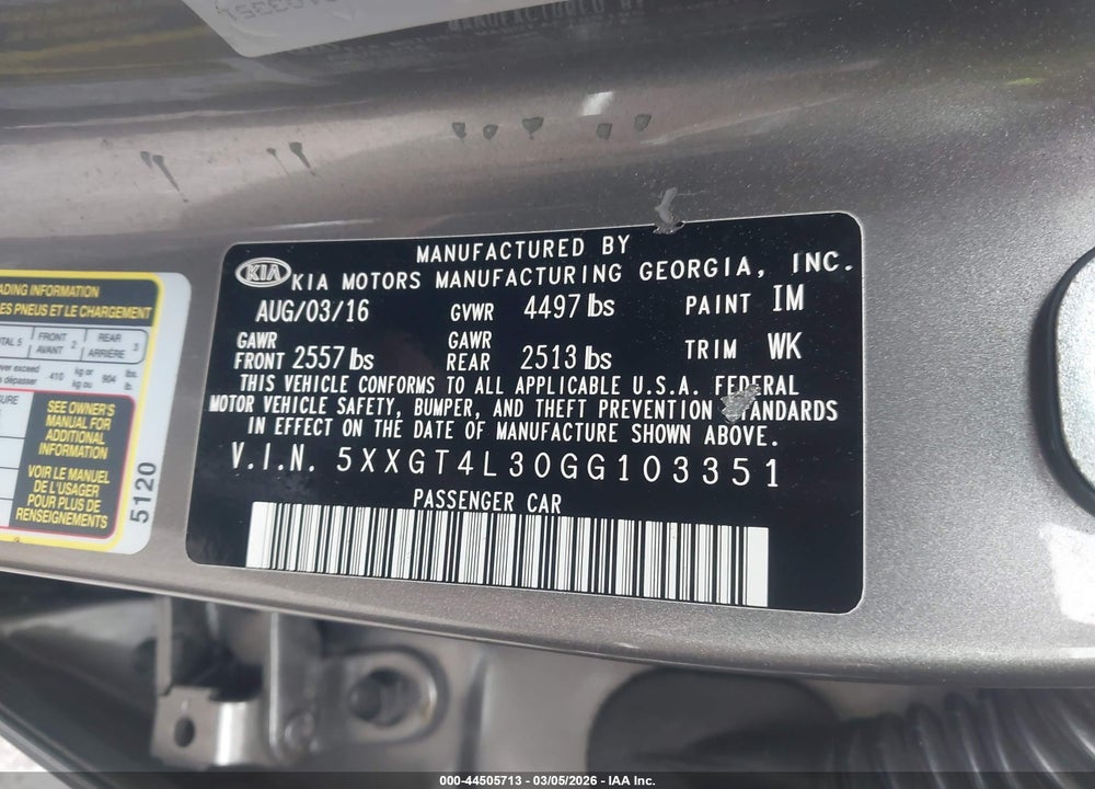 2016 KIA OPTIMA LX VIN: 5XXGT4L30GG103351
