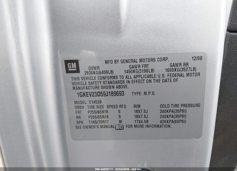 2009 GMC ACADIA SLT-1 VIN: 1GKEV23D59J189693