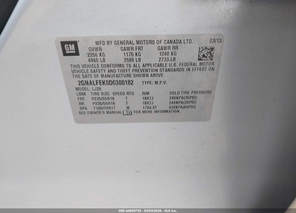 2013 CHEVROLET EQUINOX LTZ VIN: 2GNALFEK0D6300182