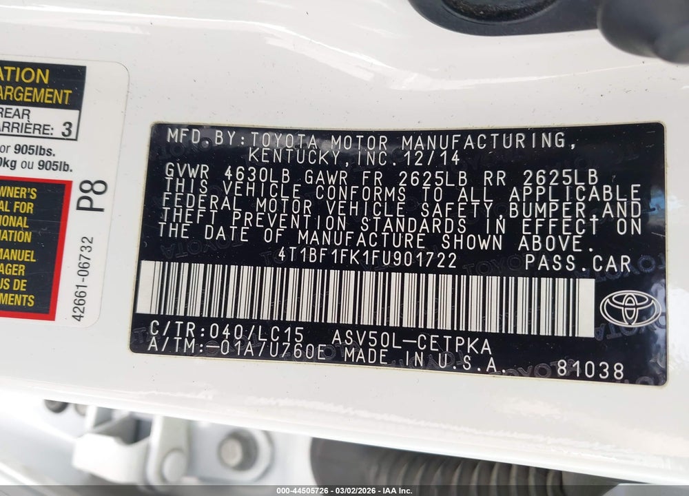 2015 TOYOTA CAMRY XSE VIN: 4T1BF1FK1FU901722