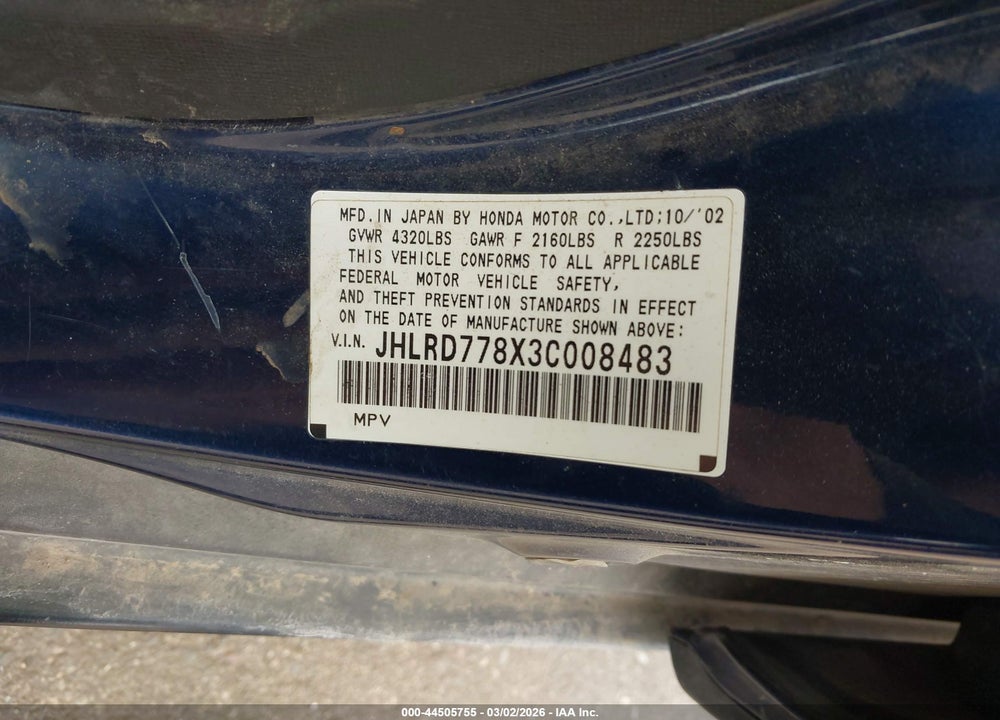 2003 HONDA CR-V EX VIN: JHLRD778X3C008483