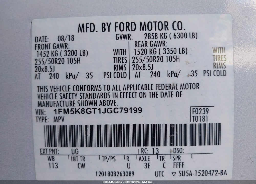 2018 FORD EXPLORER SPORT VIN: 1FM5K8GT1JGC79199