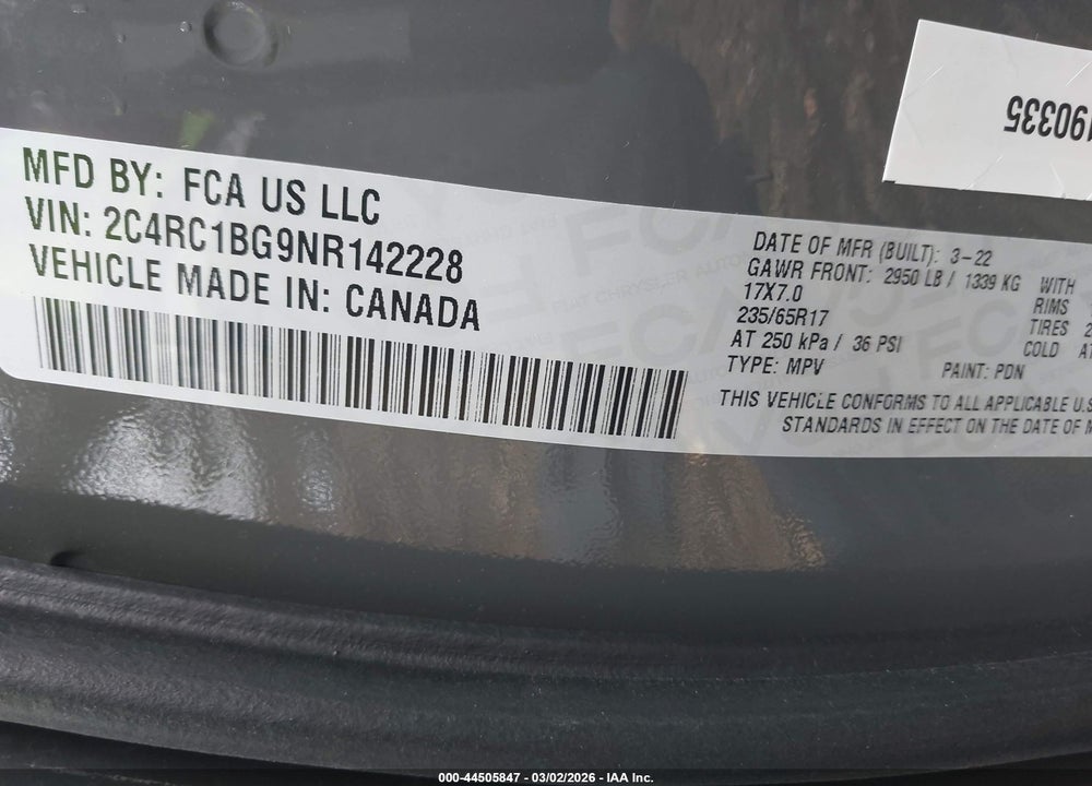 2022 CHRYSLER PACIFICA TOURING L VIN: 2C4RC1BG9NR142228