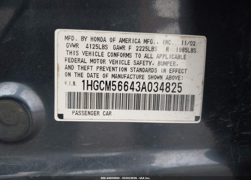 2003 HONDA ACCORD 2.4 EX VIN: 1HGCM56643A034825