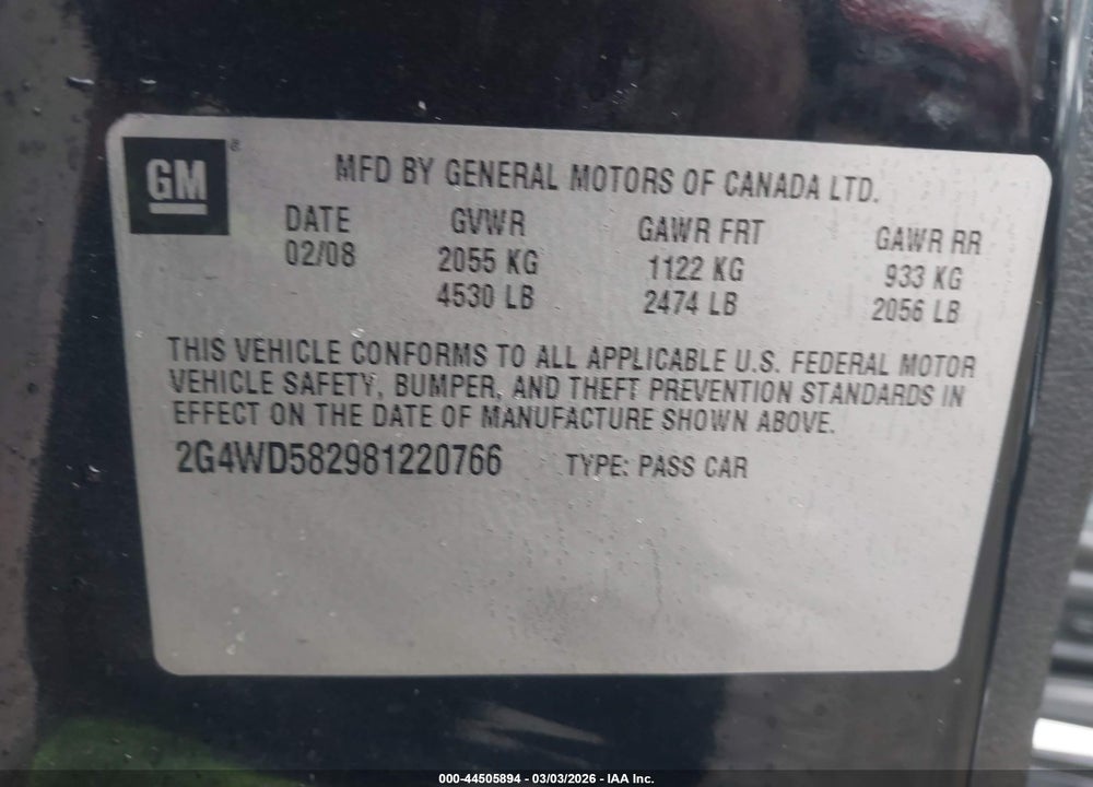 2008 BUICK LACROSSE CXL VIN: 2G4WD582981220766