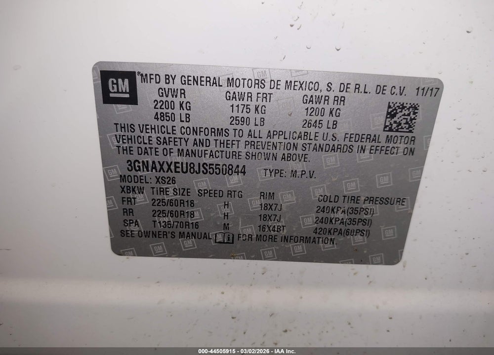 2018 CHEVROLET EQUINOX PREMIER VIN: 3GNAXXEU8JS550844